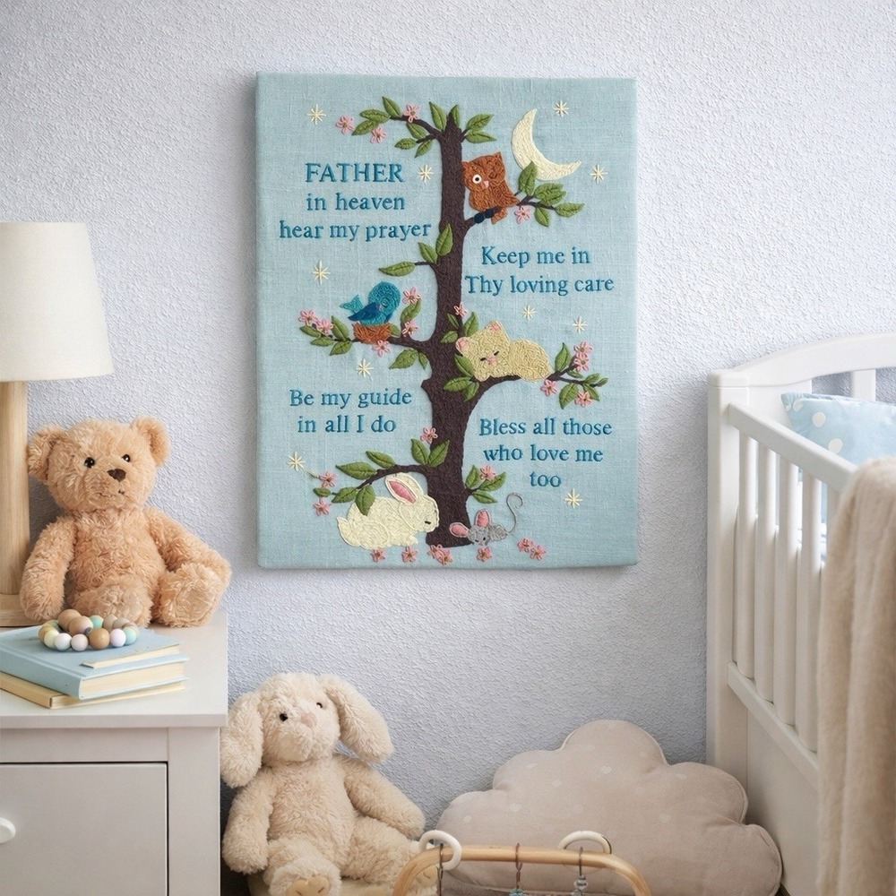 VTG Completed Crewel Embroidery Father in Heaven Prayer Nursery Wall Art 15x12